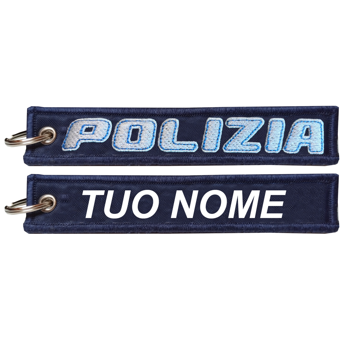 Portachiave personalizzato ricamato scritta POLIZIA bianca bordo azzurro