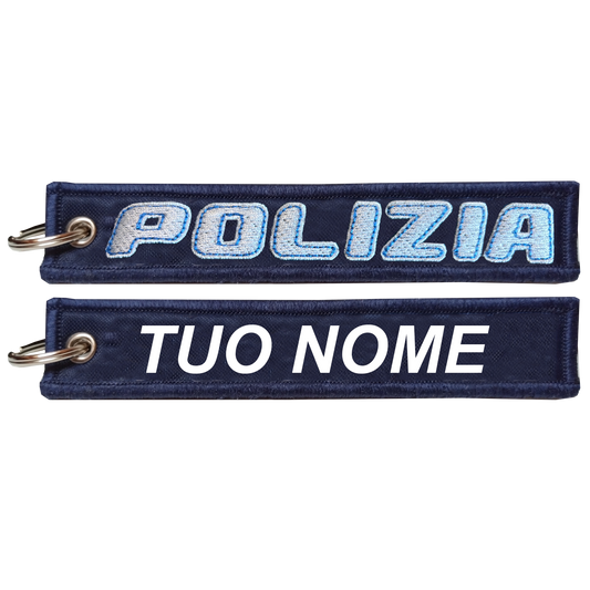 Portachiave personalizzato ricamato scritta POLIZIA bianca bordo azzurro
